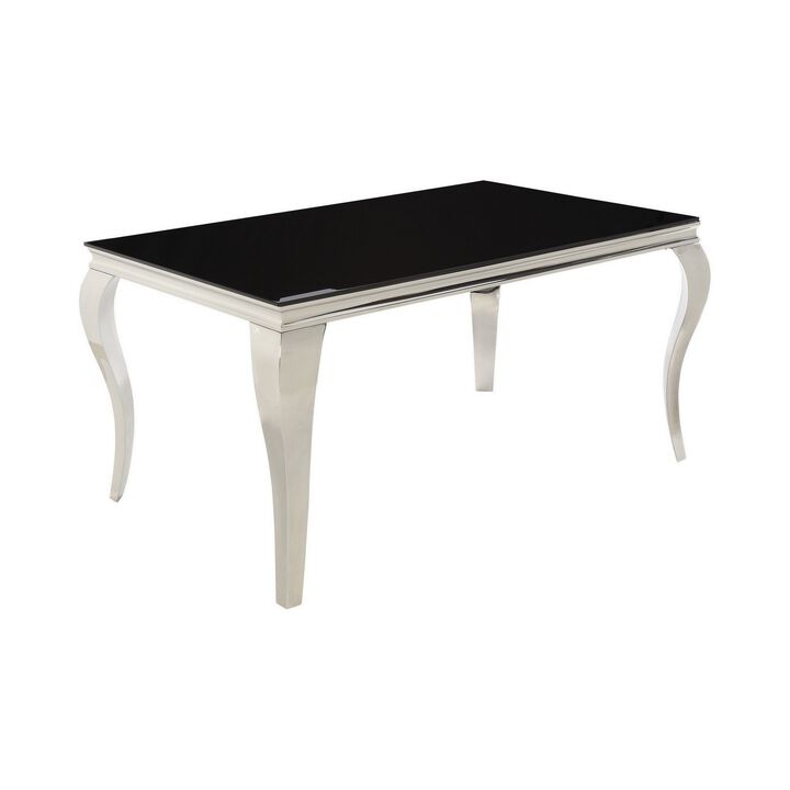 Dining Table with Glass Top and Metal Legs, Black and Chrome-Benzara