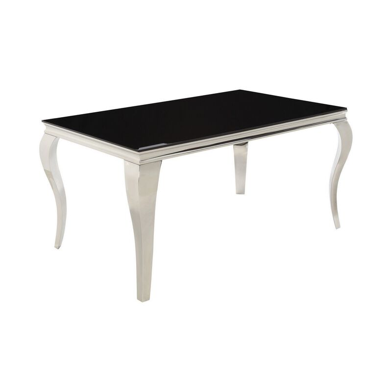 Dining Table with Glass Top and Metal Legs, Black and Chrome-Benzara