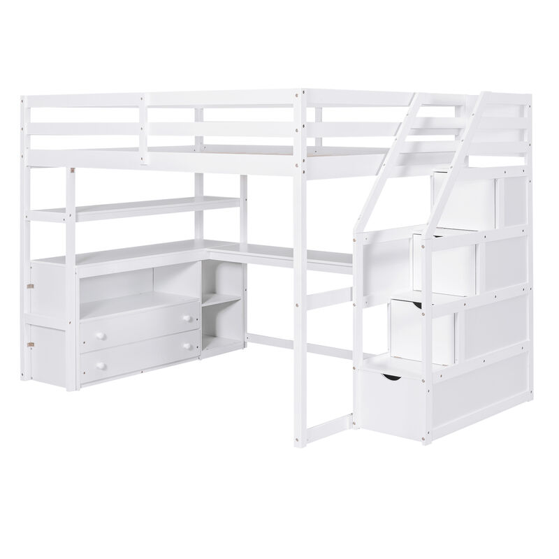 Multi-functional Loft Bed with Desk, Shelves, Storage Staircase, and Two Drawers