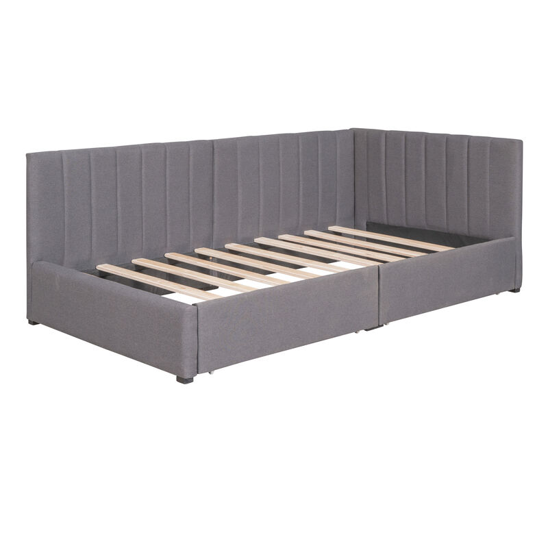 Upholstered Daybed with 2 Storage Drawers Twin Size Sofa Bed Frame No Box Spring Needed, Linen Fabric (Beige)