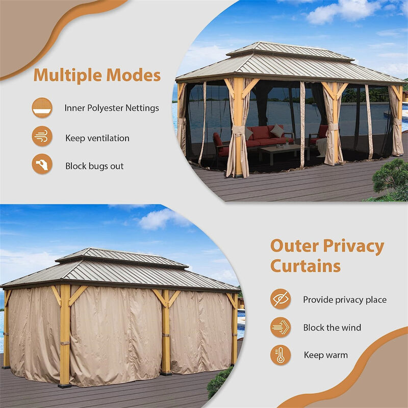 Cedar and Steel Hardtop Gazebo with Curtains