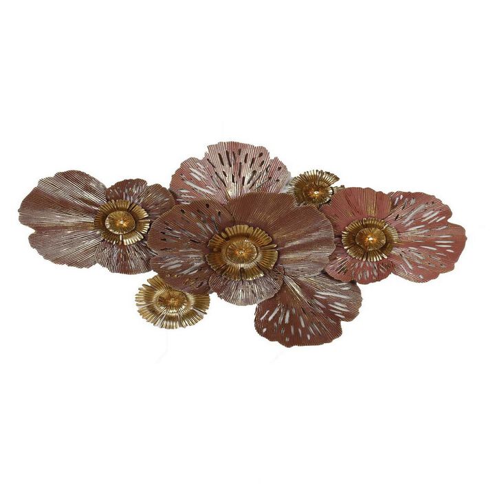 45 Inch Hanging Wall Art Decor, 3D Multiple Flowers, Metal, Brown, Gold - Benzara