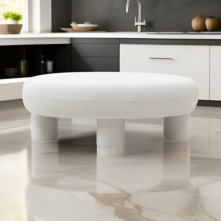 Cid 46 Inch Accent Bench Ottoman, White Polyester Oval Seat, Pine Wood Legs - Benzara