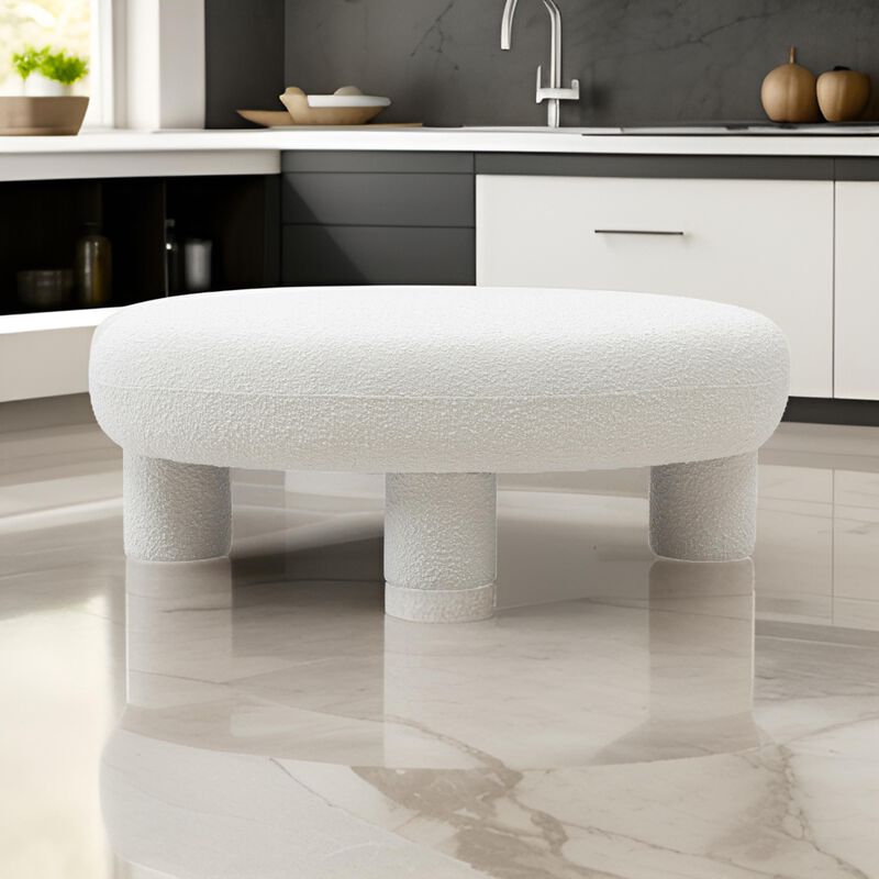 Cid 46 Inch Accent Bench Ottoman, White Polyester Oval Seat, Pine Wood Legs - Benzara