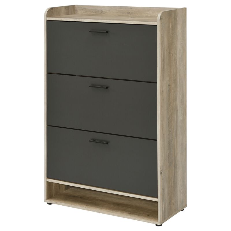 Danny Shoe Storage Cabinet, 3 Tiered, Bottom Shelf, Antiqued Gray Pine - Benzara