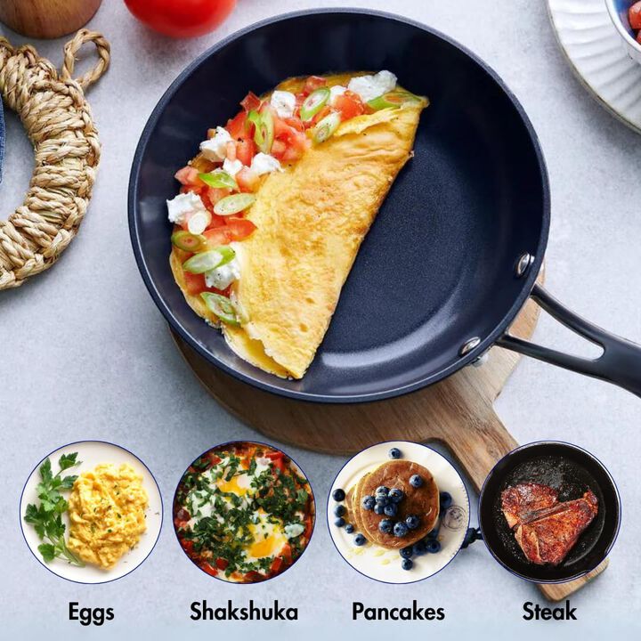 Blu. Cookware 7.8” Induction Frying Pan, Non-Toxic, Durable Non-Stick Ceramic, PFA/PFOA-Free, Suitable for All Cooktops, Includes Bamboo Brush