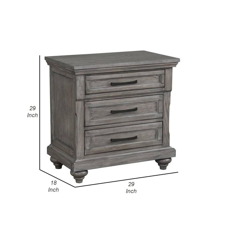 Demi 29 Inch Wood Nighstand with 3 Drawers, Metal Bar Handles, Oak Gray - Benzara