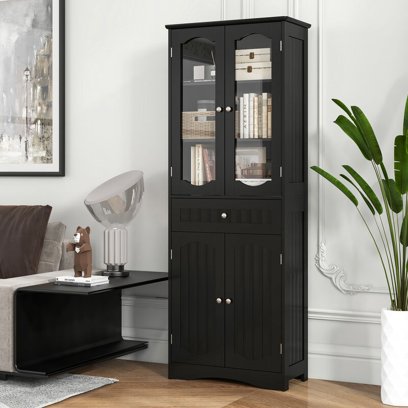 Tall Bathroom Storage Cabinet with 2 Glass Doors and Adjustable Shelves