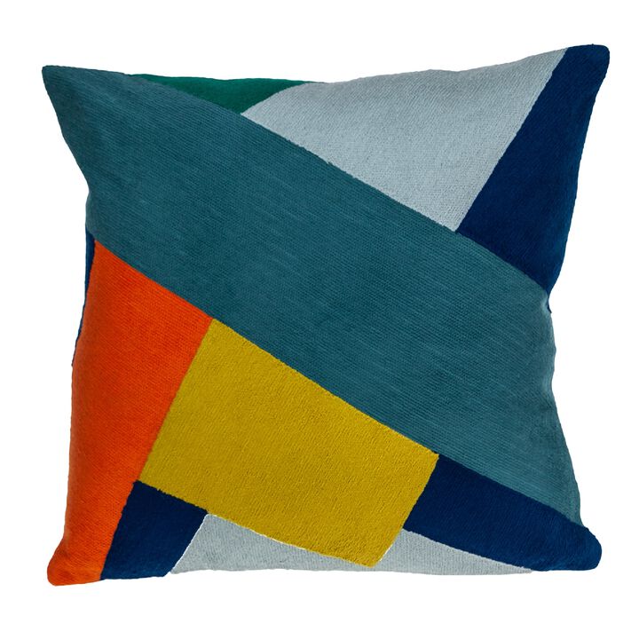 20" Blue and Red Geometric Embroidered Square Throw Pillow