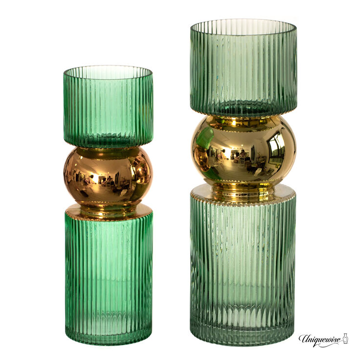 Set of 2 Decorative Green Glass Vases