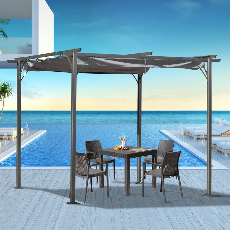 Grey Backyard Shade: 10x10 Retractable Patio Gazebo with UV Protection