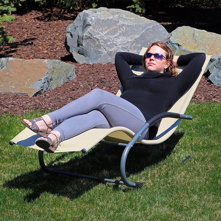 Hivvago Set of 2 Beige Rocking Chaise Lounger Patio Lounge Chair with Pillow