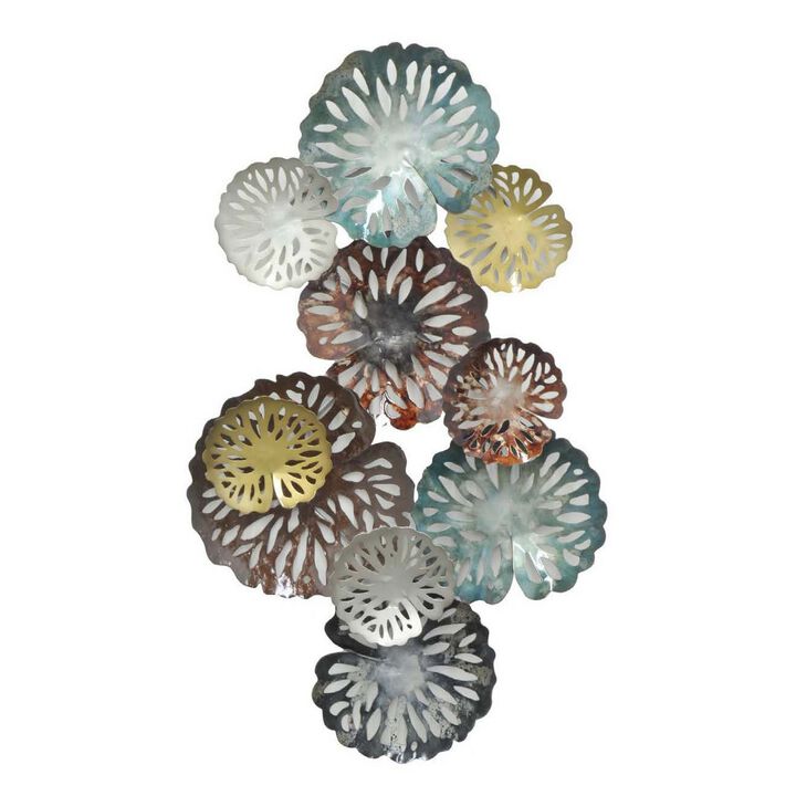 36 Inch Wall Decor, Hanging Piece, Various Size Metal Flowers, Multicolor - Benzara