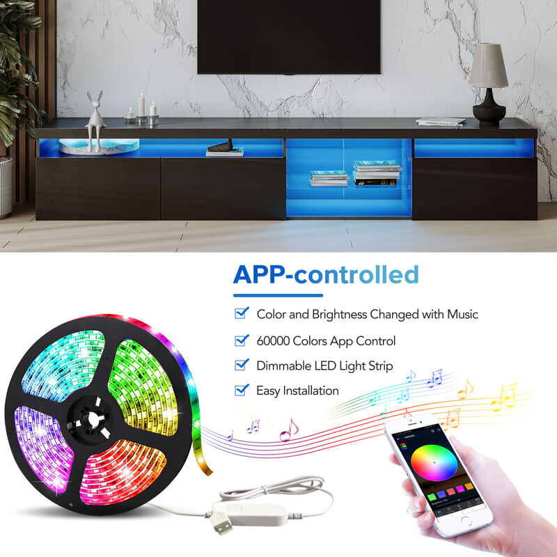 LED TV Stand with Glass Shelves & Ample Storage
