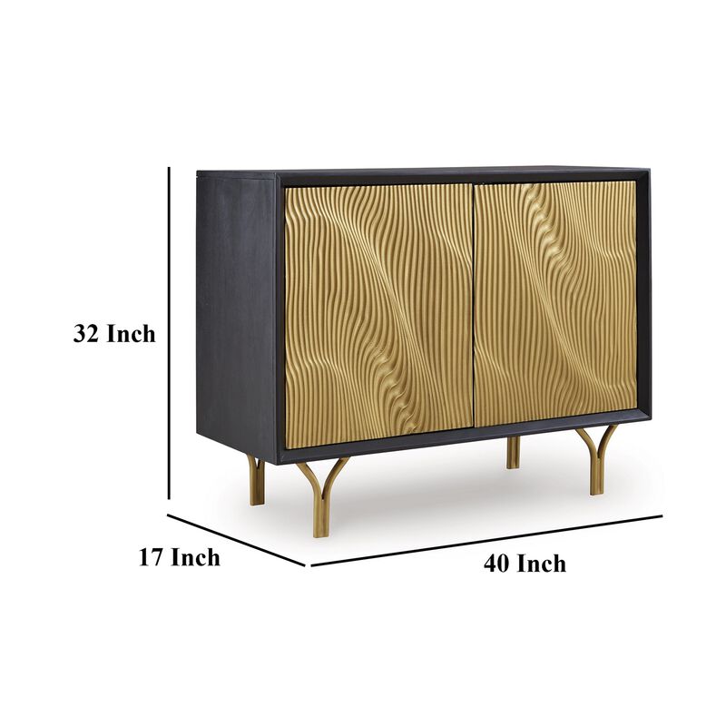Yien Sideboard Console, 2 Carved Doors, Gold Legs, Black Wood 40 Inch - Benzara