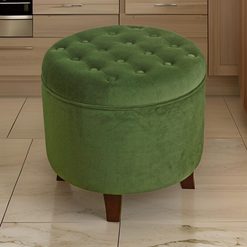 Button Tufted Velvet Upholstered Wooden Ottoman with Hidden Storage, Green and Brown - Benzara
