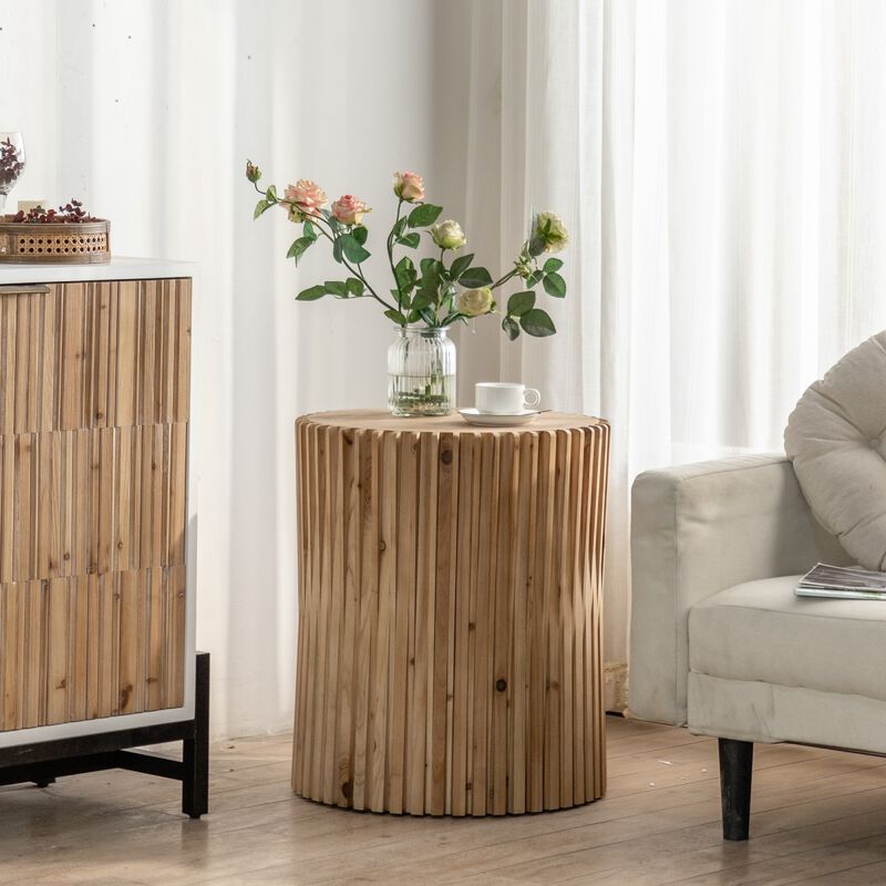 Retro Fashion Style Cylindrical Coffee Table With Vertical Texture Relief Design, Suitable
