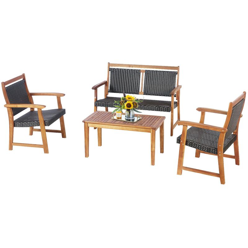 4 Pieces Outdoor Patio Rattan Furniture Conversation Sets  with Acacia Wood Frame