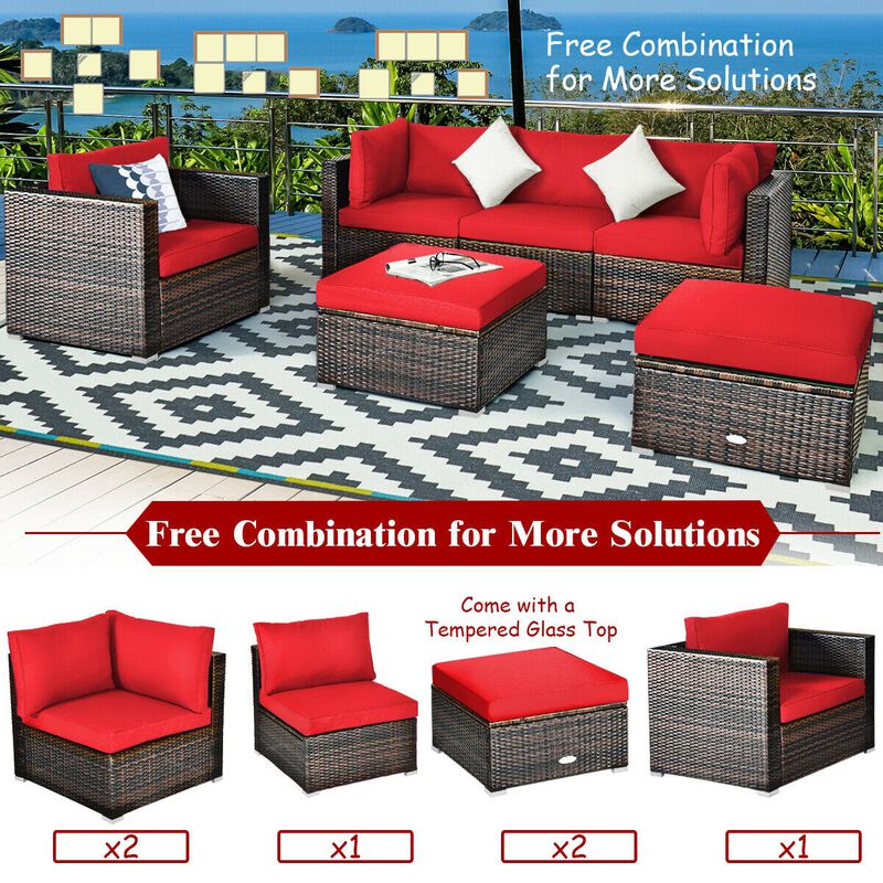 6 Pcs Patio Rattan Furniture Set with Sectional Cushion