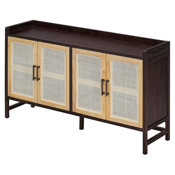 Clihome Sideboard Rustic Buffet Cabinet, sideboard cabinet with Decorative Rattan Doors, Buffet Cabinet with Storage for Entryway Dining Room Kitchen Living Room,Walnut+Natural