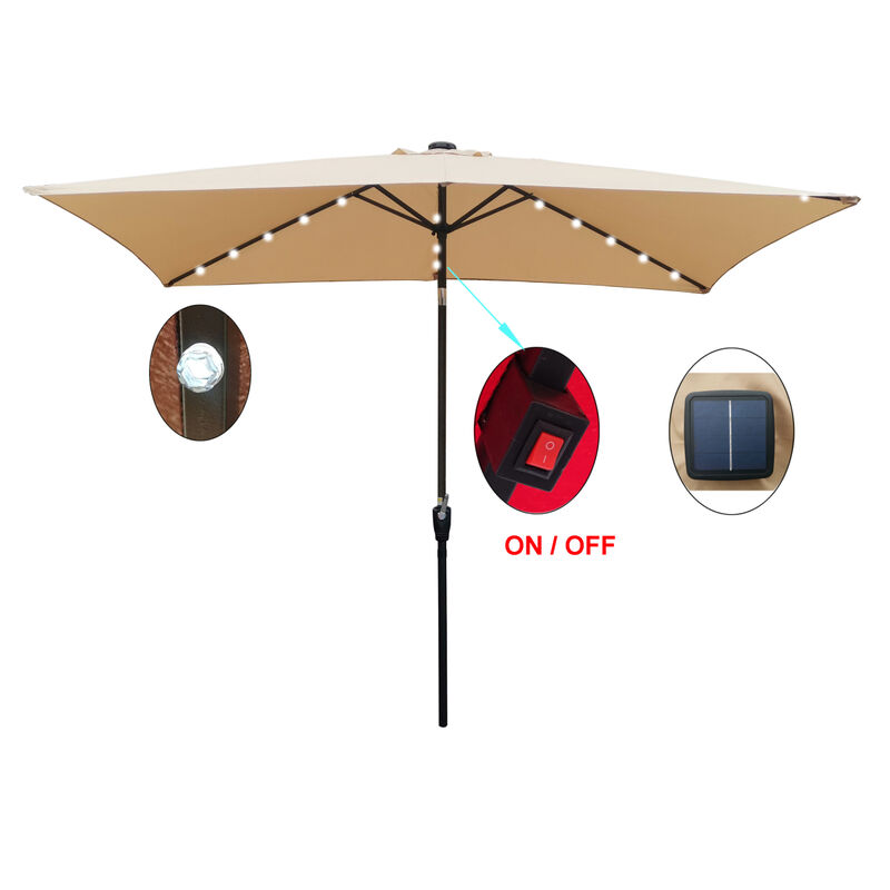 10 X 6.5FT Rectangular Patio Solar LED Lighted Outdoor Umbrellas With Crank And Push Button