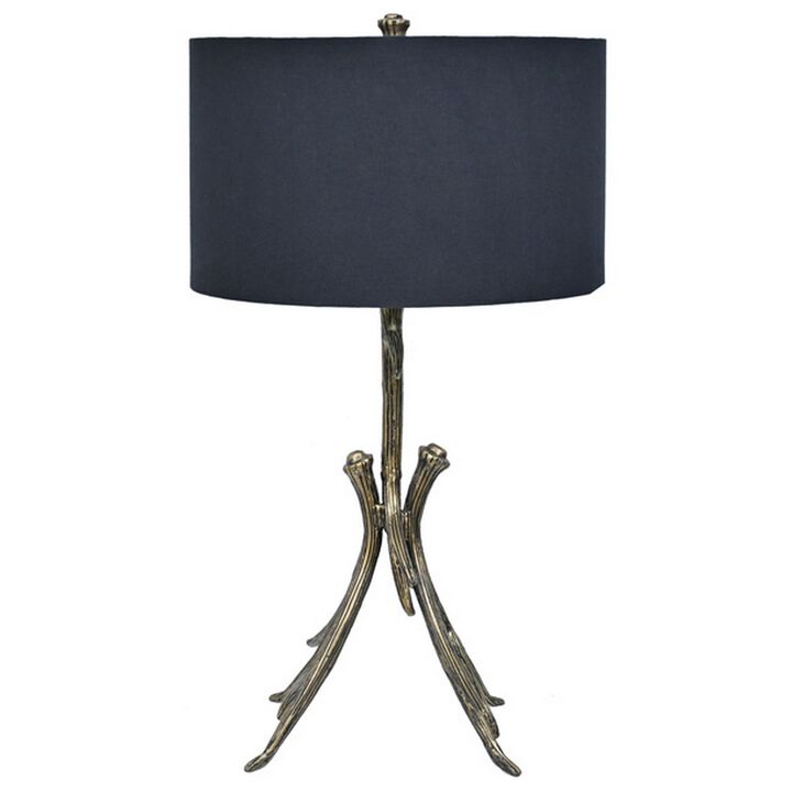 31 Inch Modern Table Lamp, Black Drum Shade, Unique Gilt Base Bronze Metal - Benzara