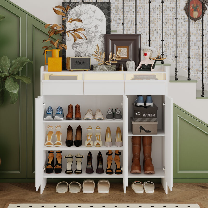 FUFU&GAGA Modern White Shoe Cabinet – 3 Drawers, 3 Doors, Acrylic Panel Design, MDF Entryway Storage (47.2" W x 13.8" D x 47.2" H), White