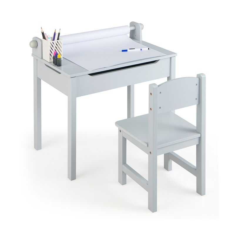 Wooden Kids Table and Chair Set with Storage and Paper Roll Holder