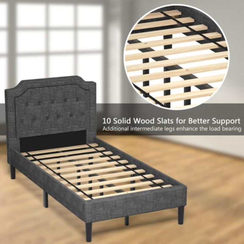 Hivvago Linen Twin Upholstered Platform Bed with Frame Headboard Mattress Foundation
