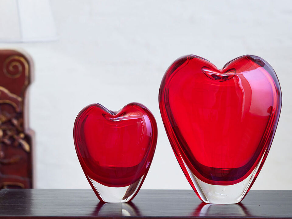 Hand Blown Red Love Heart Shaped Sommerso Art Glass Vase