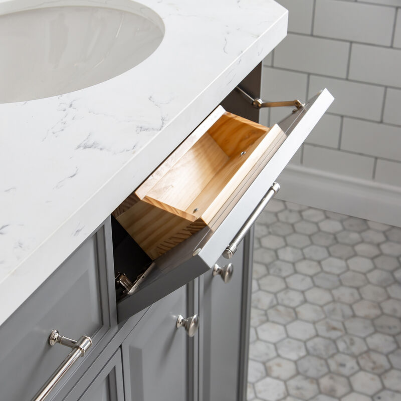 Palace 60 In. Double Sink Carrara Quartz Countertop Bath Vanity in Cashmere Grey with Polished Nickel (PVD) Hardware, Classic Faucets and Rectangular Pivot Mirrors