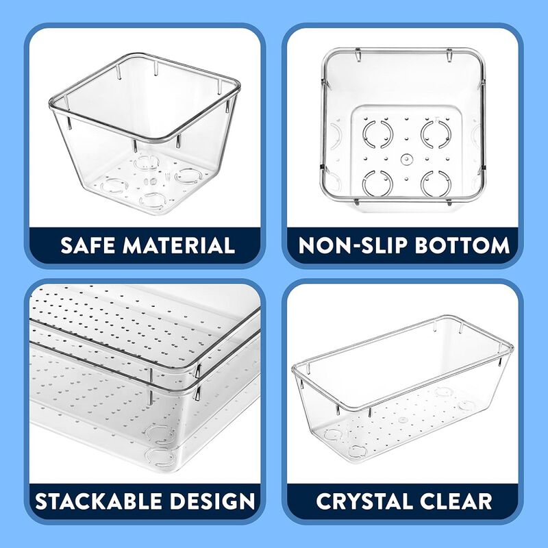 Drawer Organizer Set - Includes 12-piece 9x6 bins, 20-piece 9x3 bins, 18-piece 6x3 Bins, 22-piece 3x3 Bins, Stackable Storage Trays for Makeup, Kitchen, and Office, 72 Pack