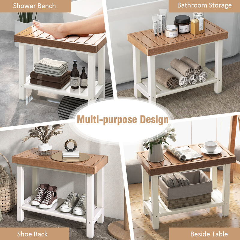 2-Tier HDPE Shower Chair with Storage Shelf and Anti-slip Foot Pads for Bath Spa-Brown