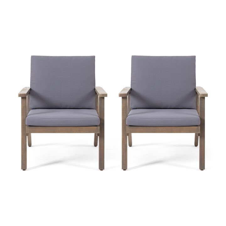 Elin Outdoor Club Chair Set of 2, Acacia Wood Frame, Gray Cushions - Benzara