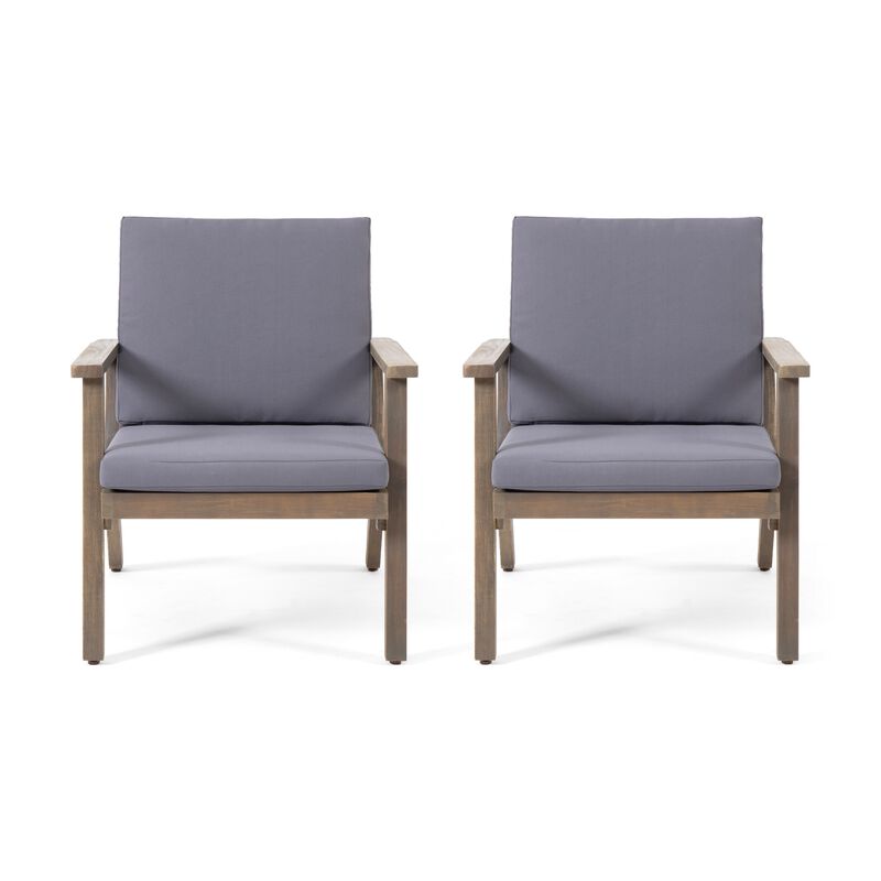 Elin Outdoor Club Chair Set of 2, Acacia Wood Frame, Gray Cushions - Benzara