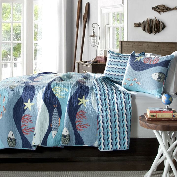 Hivvago Full / Queen Blue Serenity Sea Fish Coral Coverlet Quilt Bedspread Set