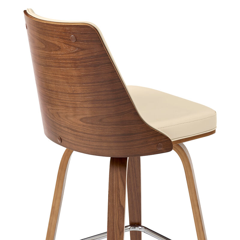 Nolte Swivel Bar Stool in Cream Faux Leather and Walnut Wood