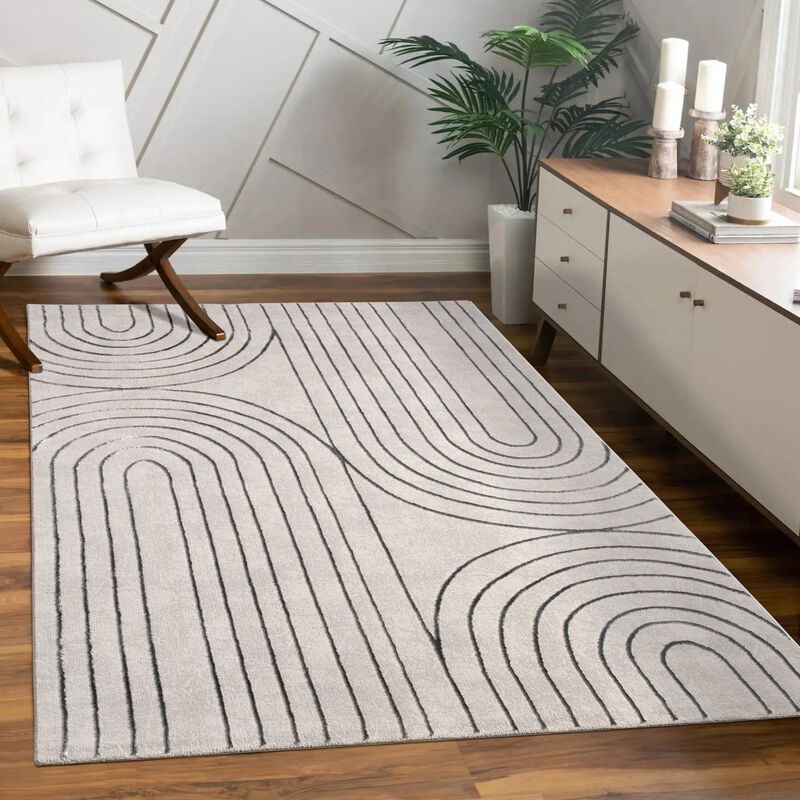 Modern Rug with Bohemian Arch Pattern in Beige Grey