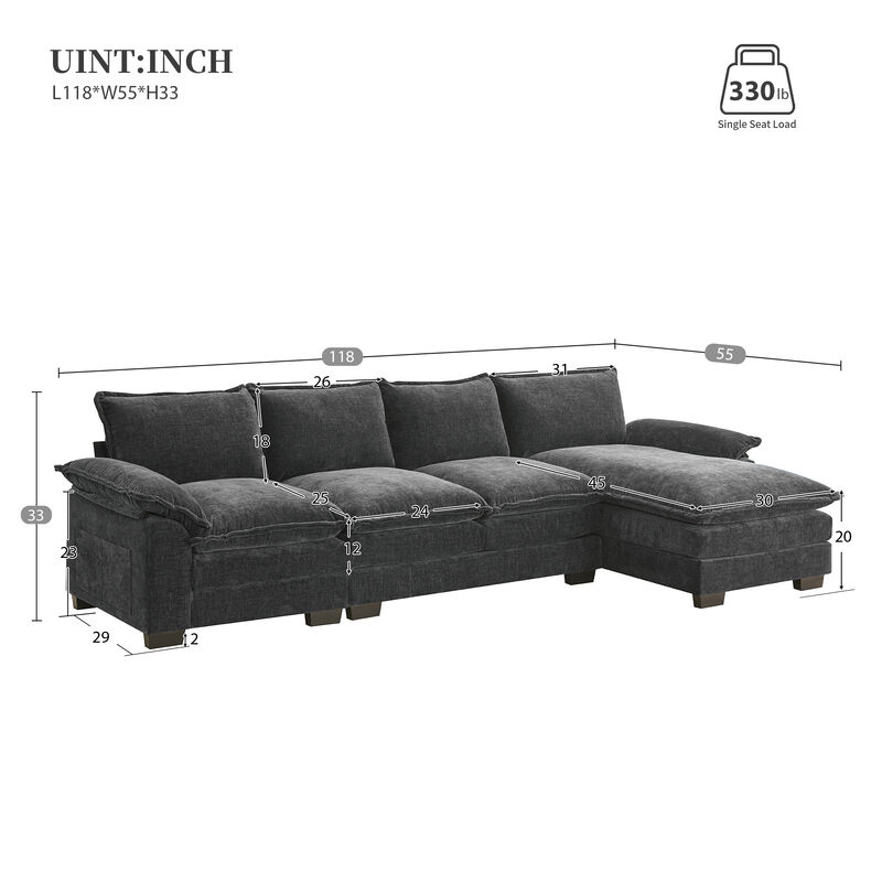 MONDAWE Modern L-shaped Chenille Cloud Sofa with Double Seat Cushions,5-seat Upholstered Indoor Furniture,Sleeper Sofa Couch with Chaise Lounge