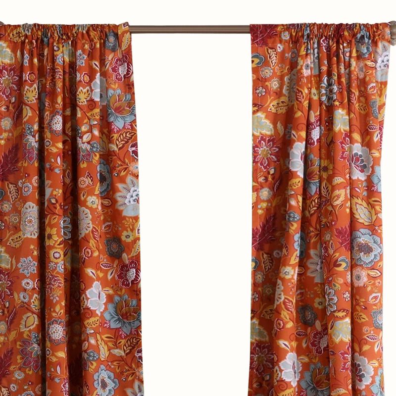 4 Piece Polyester Window Panel Set with Floral Print, Multicolor - Benzara
