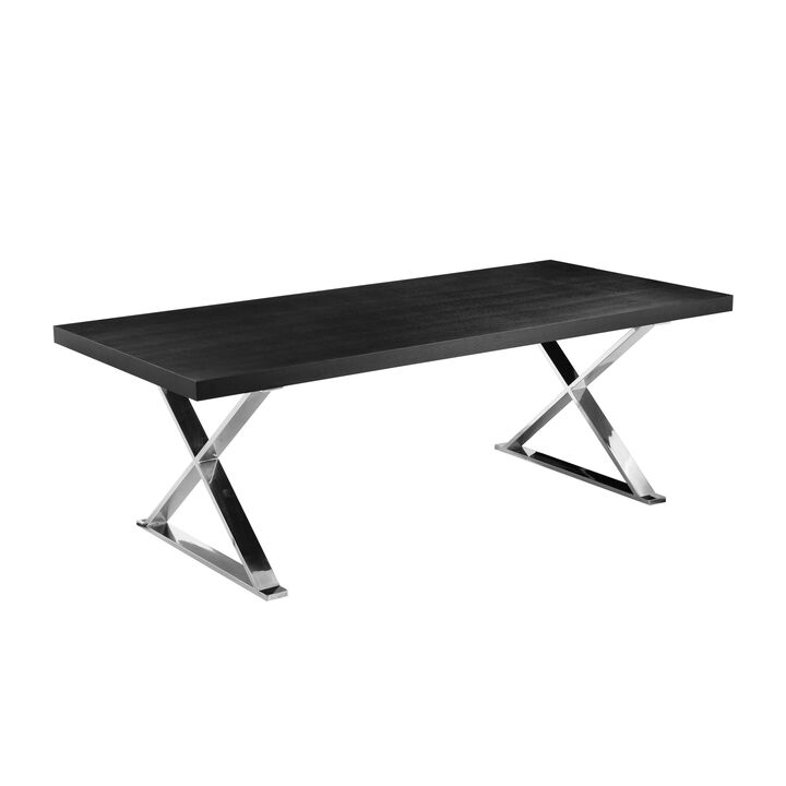 Rix 87 Inch Dining Table, Black Wood Top, X Chrome Finished Steel Legs - Benzara