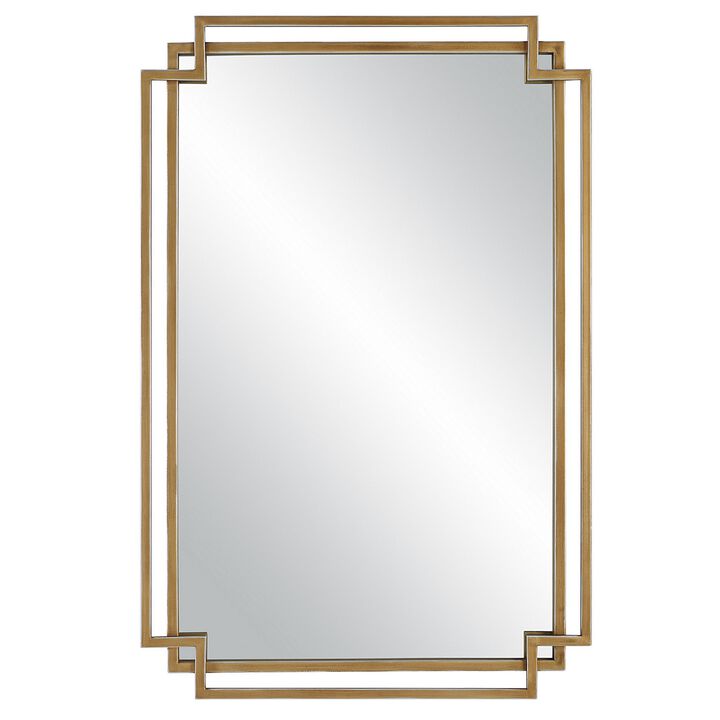 22 x 34 Rectangular Accent Mirror with Two Overlapping Frames, Brushed Gold-Benzara