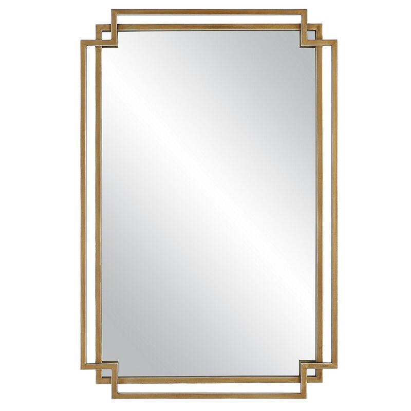 22 x 34 Rectangular Accent Mirror with Two Overlapping Frames, Brushed Gold-Benzara