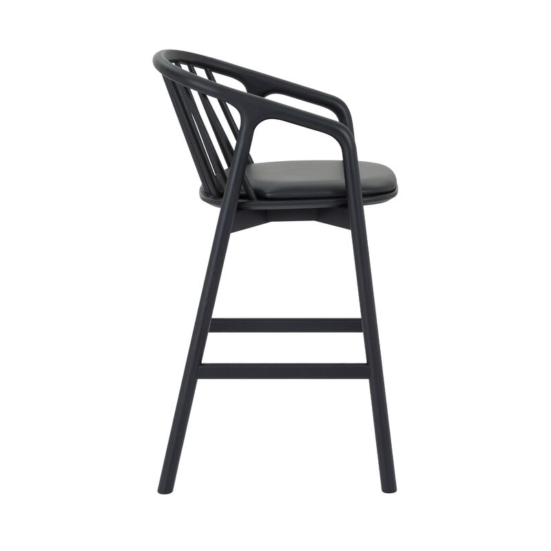 Rchy Counter Stool Chair, Curved Spindle Back, Black Faux Leather, Oak Wood - Benzara