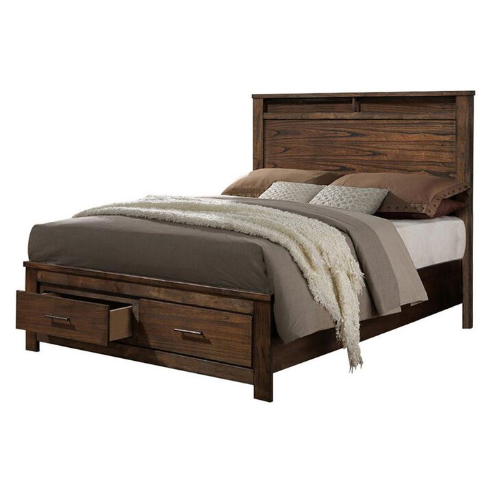 Enchanting Wooden Queen Bed With Display And Storage Drawers, Oak Finish-Benzara