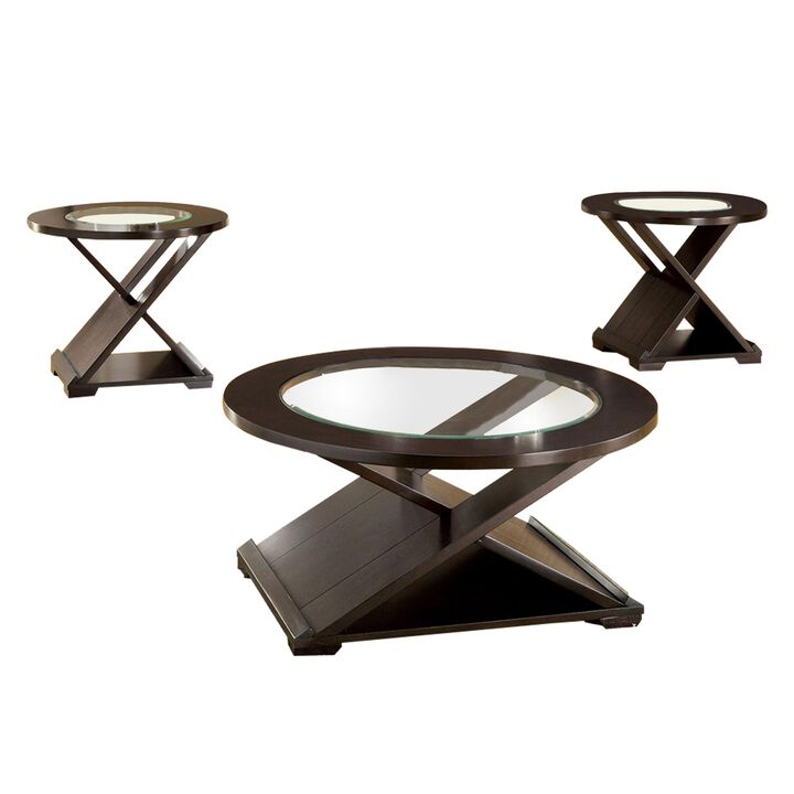 3 Piece Round Glass Coffee Table and End Table with X Shaped Base, Brown-Benzara