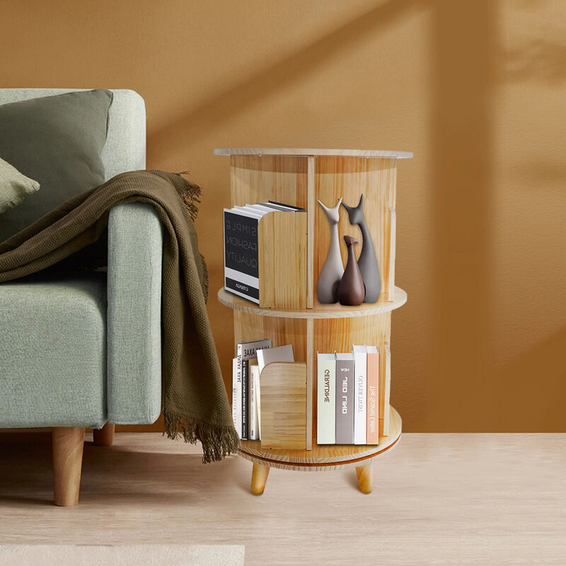 Rotating 2-Layer Bookcase, 360° Pine Wood Bookshelf with Display Rack for Home or Office