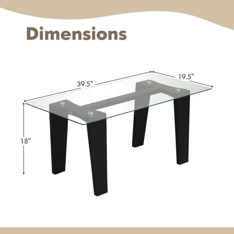 Hivvago 39.5 Inch Glass Coffee Table Modern Rectangular Center Table with Solid Rubber Wood Legs