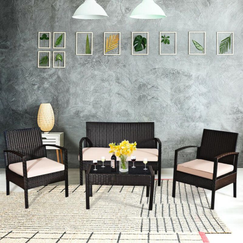 Hivvago 4 Pieces Patio Rattan Conversation Set with Loveseat Sofas and Coffee Table