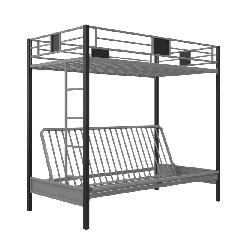Reeta Twin over Futon Metal Bunk Bed, Silver and Black